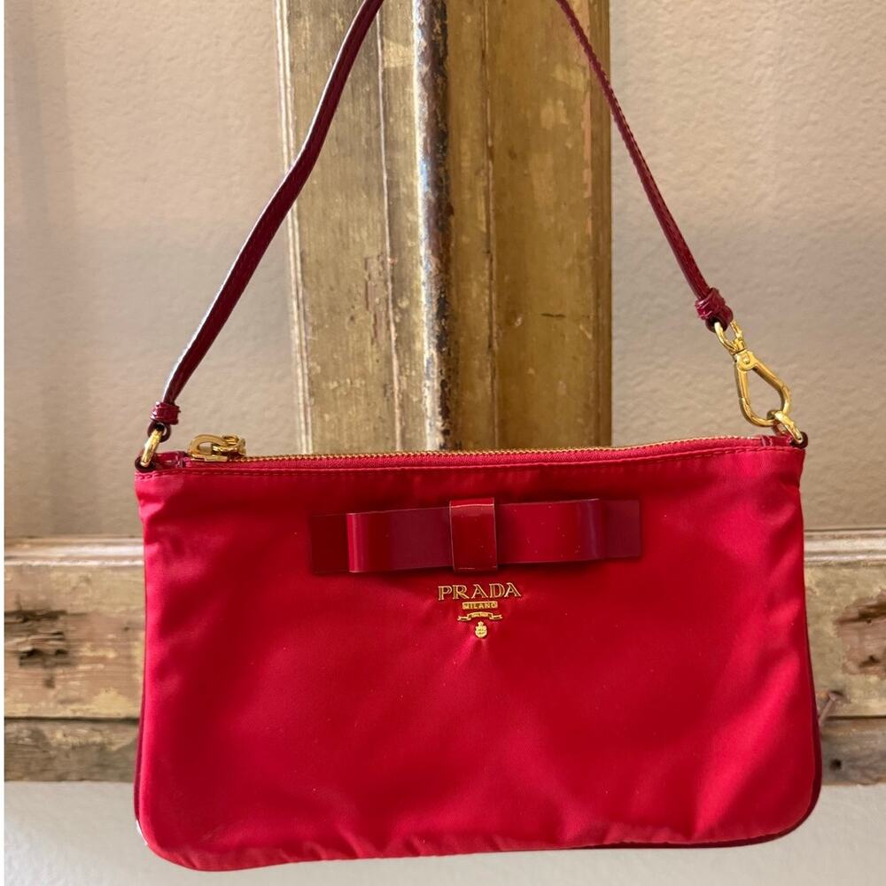PRADA Tessuto Nylon + Leather Red Clutch Bow Handbag Purse Bag Gold Hardware